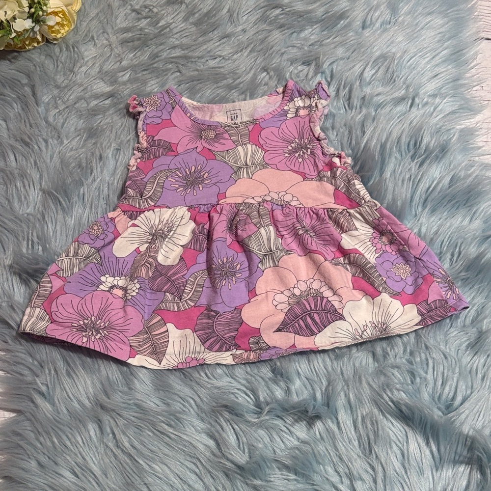 Baby GAP Pink Purple Floral Ruffle Trim Dress sz 18-24M